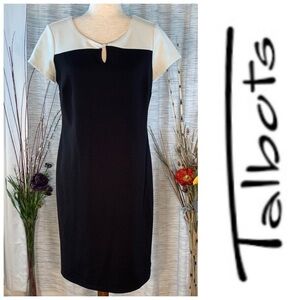 Talbots black and winter white cap sleeve shift dress.